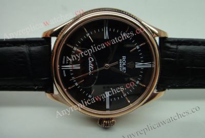 Rolex Geneve Cellini Time Watch Replica - Rose Gold Black Face - Black Leather